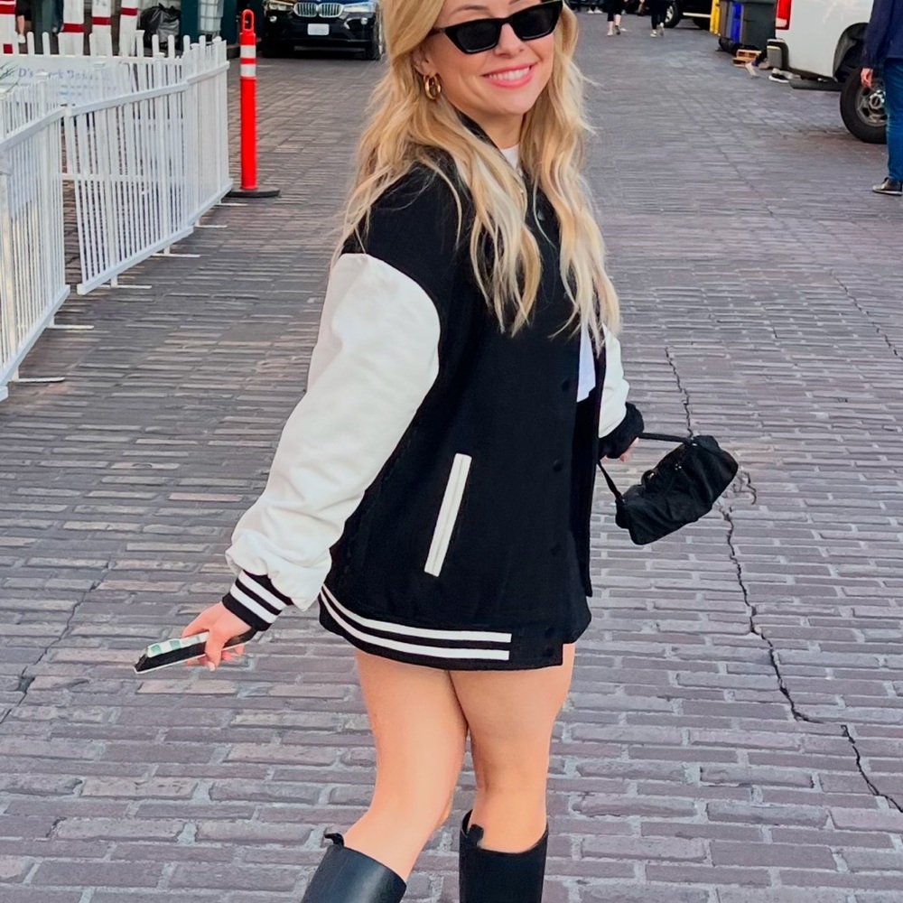 Gentle Fawn Black and White Varsity Jacket with Relaxed Fit